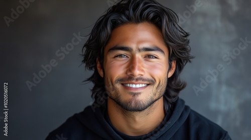 Confident man smiling with casual hairstyle, dark background, happy expression, portrait close-up, casual fashion style, positive energy, confident look, studio shot