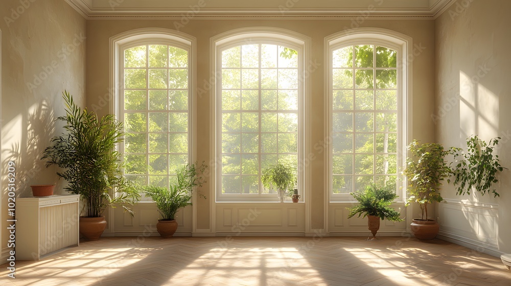 A bright, airy room featuring three large windows, adorned with various indoor plants, showcasing natural light and greenery. A bright, airy room featuring three large windows, adorned with various indoor plants, showcasing natural light and greenery.