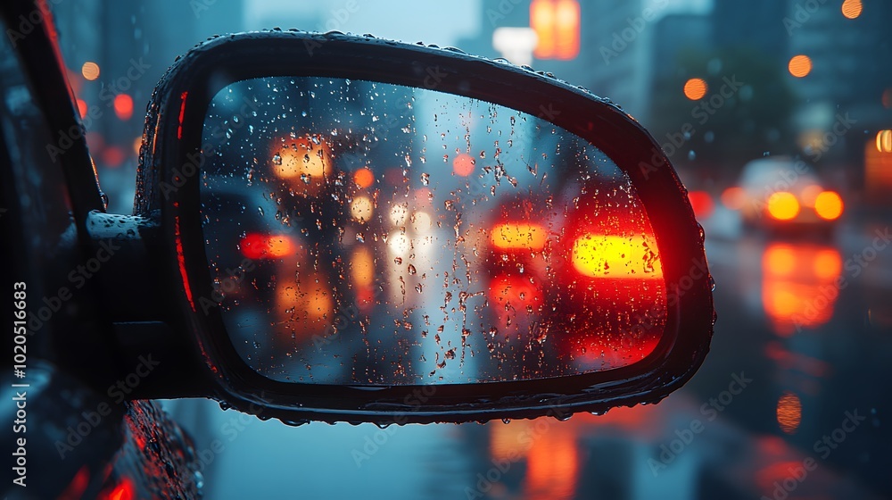 A car's side mirror reflects raindrops and blurred traffic lights in a bustling city during a rainy evening. A car's side mirror reflects raindrops and blurred traffic lights in a bustling city during a rainy evening.