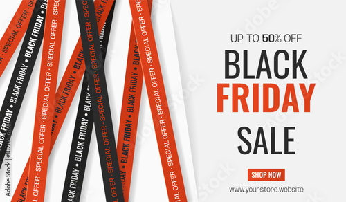 Black Friday Sale horizontal banner with warning tapes and text. Simple background for advertising, social media posts, promotion, web banners. Modern discount background. Vector template.