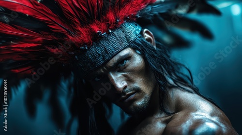 An intense warrior, with a fierce gaze, dons a bold plume of feathers, representing determination and vitality in this captivating and dynamic portrait. photo