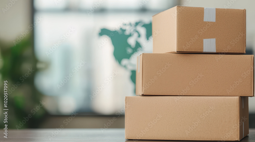 Stacked cardboard boxes are displayed in modern workspace, symbolizing e commerce and global shipping options. background features world map, enhancing theme of international delivery Stacked cardboard boxes are displayed in modern workspace, symbolizing e commerce and global shipping options. background features world map, enhancing theme of international delivery
