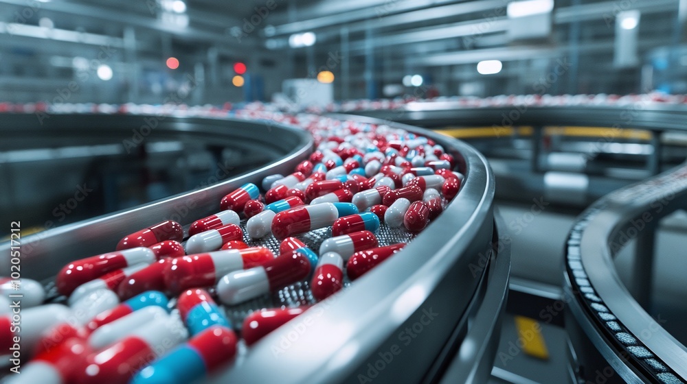 high-tech conveyor system in a pharmaceutical factory processing and packaging pills and drugs in a sterile environment highlighting automation and efficiency in modern medicine manufacturing