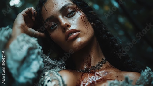 A woman with a fierce expression is seen with blood and dirt on her face and neck, set against the backdrop of a deep, mysterious forest, evoking raw survival instincts. photo