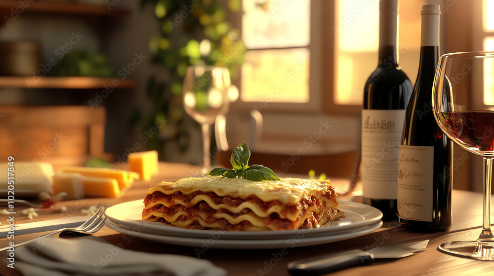 Delicious lasagna served on a plate, garnished with basil, accompanied by wine and cheese in a cozy, sunlit dining setting. Delicious lasagna served on a plate, garnished with basil, accompanied by wine and cheese in a cozy, sunlit dining setting.