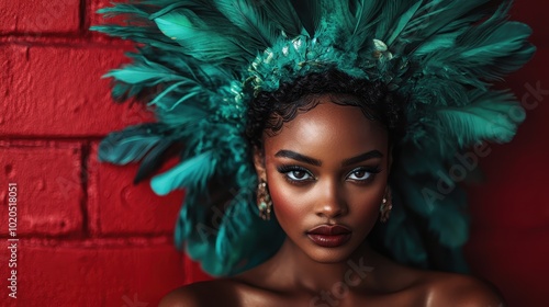 An intense and vividly colored portrait of a stunning woman adorned with a large, green feathered headdress set against a bold red brick background. photo