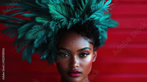 A captivating and mesmerizing image of a beautiful woman wearing an elaborate green feathered headdress, with her gaze set against a bright red backdrop. photo