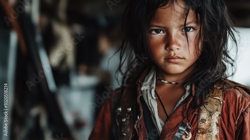 Child with an intense look, dressed in rugged vintage clothing, against a muted background, exuding strength and a sense of timeless resilience. photo