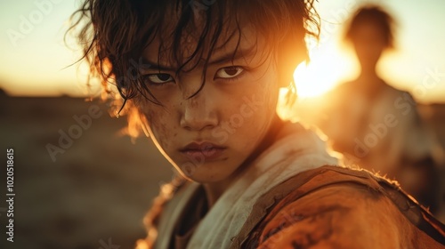 In a sunlit desert scene, a person with a fierce expression and dirt-smeared face stares intently, conveying determination and raw emotions under harsh conditions. photo