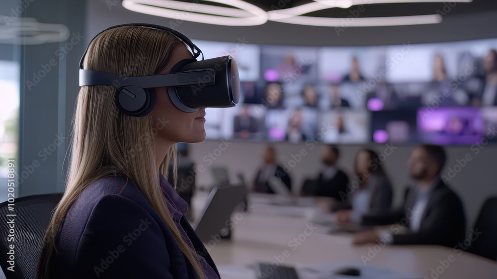 A dynamic scene depicting business professionals collaborating in a virtual reality meeting space. A dynamic scene depicting business professionals collaborating in a virtual reality meeting space.