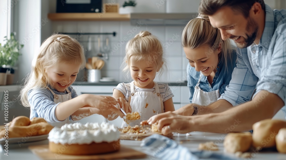 Fototapeta premium Family enjoys baking together in a modern kitchen during a joyful afternoon filled with laughter and delicious treats