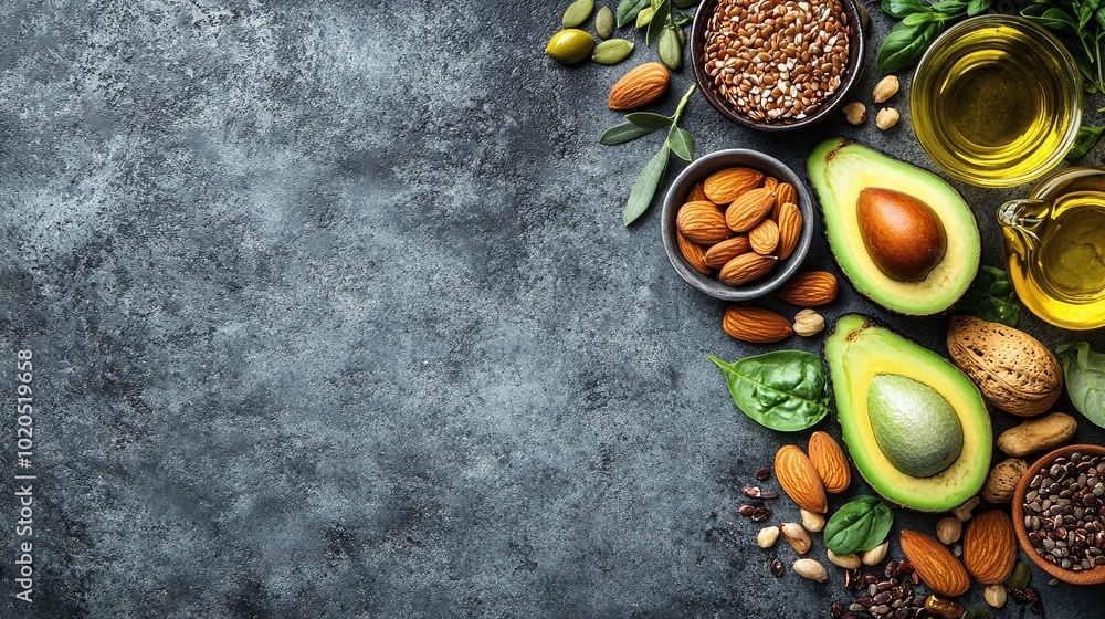 healthy fats selection featuring avocado seeds nuts and olive oil promoting wellness and heart health with room for added text or design in a clean and balanced layout healthy fats selection featuring avocado seeds nuts and olive oil promoting wellness and heart health with room for added text or design in a clean and balanced layout