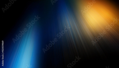 Defocused blue yellow orange radiance soft texture on dark black abstract empty space background. Neon blur glow. Color light overlay. Copy space.