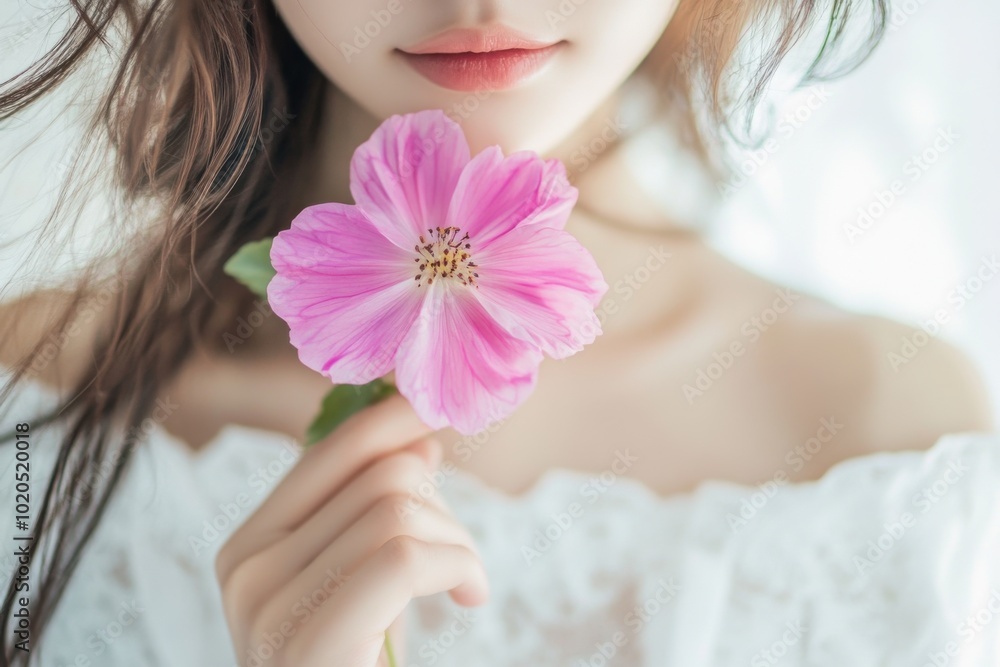 Young woman in white attire holding a bright pink flower indoors during afternoon light Young woman in white attire holding a bright pink flower indoors during afternoon light