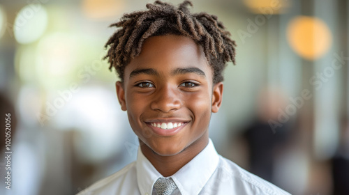 Cheerful young man in office environment, professional attire, confident smile, corporate business portrait, stylish appearance, workplace setting, modern career, optimistic outlook, professional