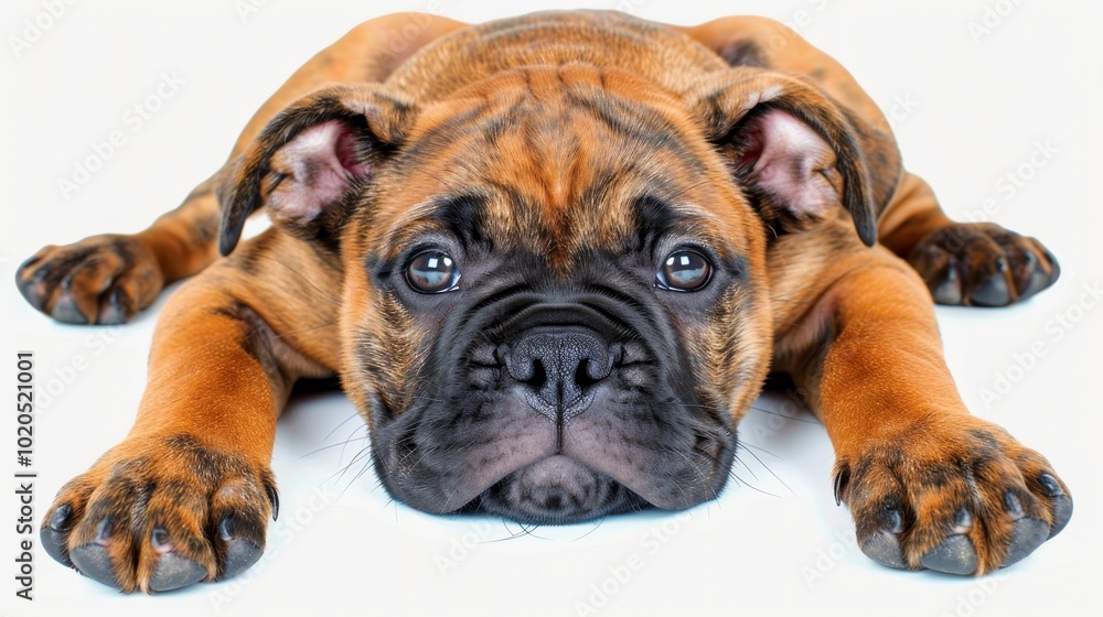 Obraz premium Adorable Bulldog Puppy Resting on White Background, Isolated Playful Pose and Expressive Face