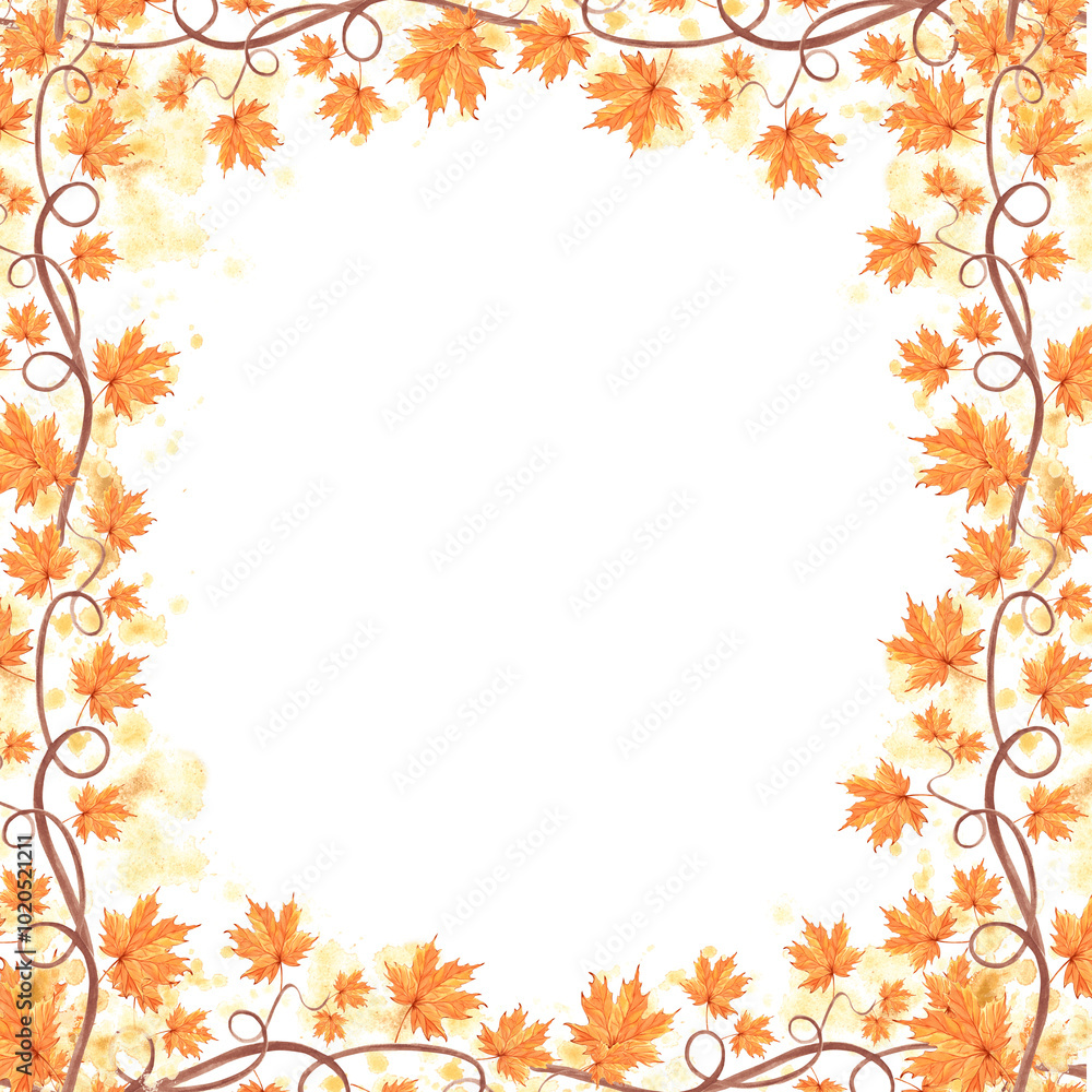 Autumn maple leaves on twigs. Template postcard with copy space. Fall frame to Harvest fest. Hand drawn watercolor illustration isolated. Natural background for invitation, card, thanksgiving, textile Autumn maple leaves on twigs. Template postcard with copy space. Fall frame to Harvest fest. Hand drawn watercolor illustration isolated. Natural background for invitation, card, thanksgiving, textile