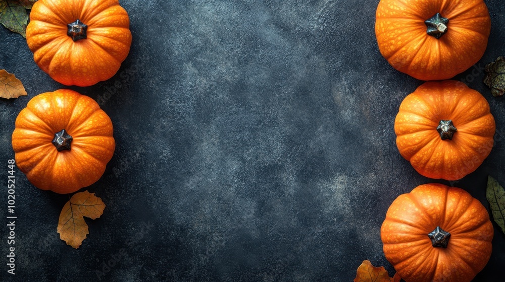A collection of bright orange pumpkins arranged on a dark surface, surrounded by autumn leaves, This image is perfect for seasonal marketing, fall recipes, or Halloween-themed content, A collection of bright orange pumpkins arranged on a dark surface, surrounded by autumn leaves, This image is perfect for seasonal marketing, fall recipes, or Halloween-themed content,