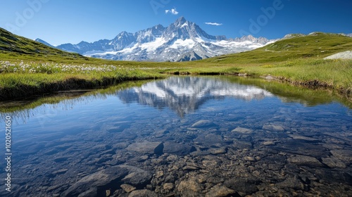 Majestic mountains towering over a pristine, reflective lake with vibrant green meadows, under a bright blue sky, capturing the beauty of untouched nature.