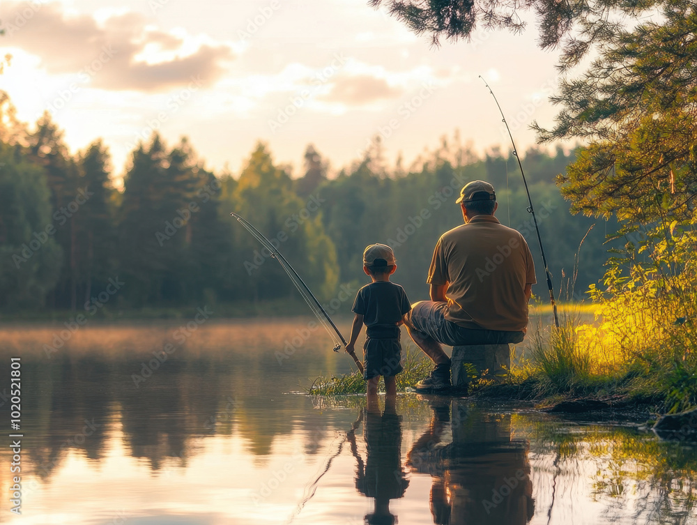 A joyful afternoon fishing by the river with a child dressed in summer hats under the warm sunlight A joyful afternoon fishing by the river with a child dressed in summer hats under the warm sunlight