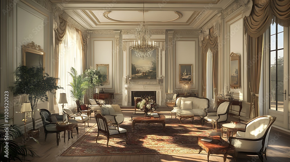 Naklejka premium Sunlit, Opulent Living Room with Traditional Decor and Furnishings