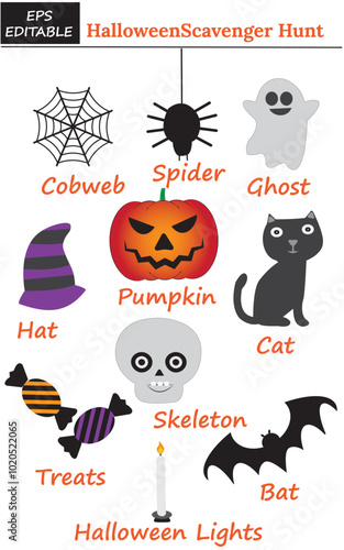 Halloween icons set - halloween bat, cobweb, ghost, spider, glow lights, hat, candy, skeleton and scary cat for night party and decoration vector illustration