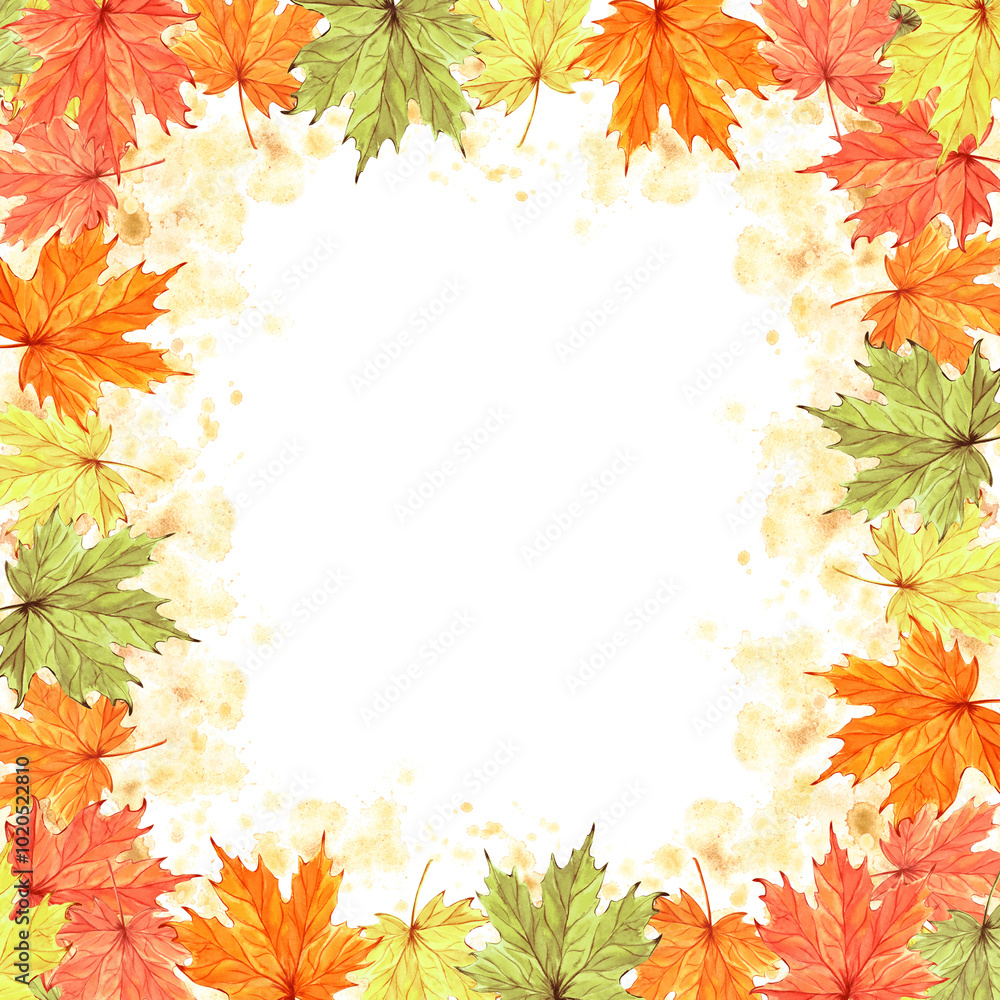 Autumn maple leaves. Template postcard with copy space. Hand drawn watercolor illustration isolated. Fall frame square for Harvest fest or Halloween. Natural background for Thanksgiving, sale, textile Autumn maple leaves. Template postcard with copy space. Hand drawn watercolor illustration isolated. Fall frame square for Harvest fest or Halloween. Natural background for Thanksgiving, sale, textile