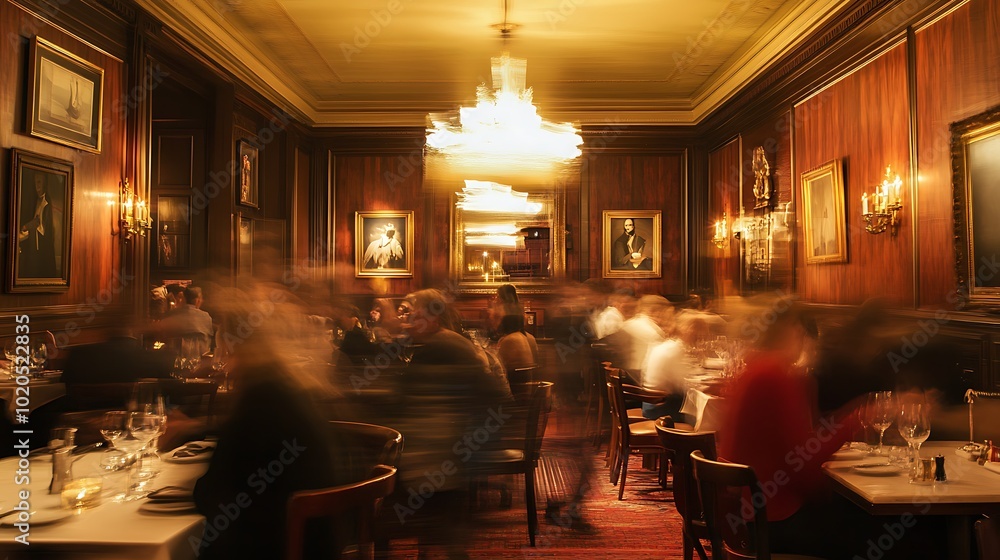 Blurred Diners in a Luxurious Wood-Paneled Room with Chandelier Blurred Diners in a Luxurious Wood-Paneled Room with Chandelier