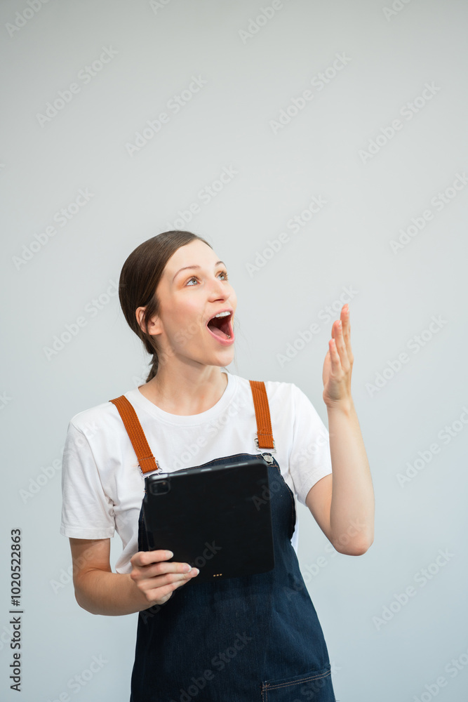 Overjoyed charming excited caucasian woman business woman worker using smartphone feeling happy to empty copy space isolated on background. Overjoyed charming excited caucasian woman business woman worker using smartphone feeling happy to empty copy space isolated on background.