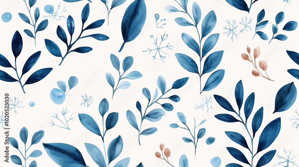Elegant botanical pattern with blue leaves on a soft white background, perfect for fabric and wallpaper designs. Elegant botanical pattern with blue leaves on a soft white background, perfect for fabric and wallpaper designs.