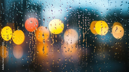 A close-up view of raindrops on a window, with colorful blurred lights in the background.