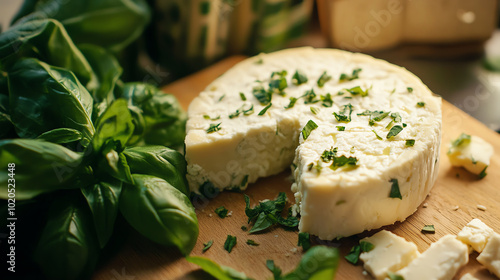 Fresh cheese with herbs on a wooden board, surrounded by basil leaves, perfect for culinary inspiration and healthy recipes.