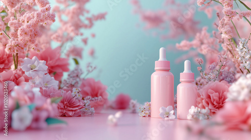 serene composition featuring pink bottles surrounded by delicate flowers, creating calming and aesthetic atmosphere. Perfect for beauty and skincare themes