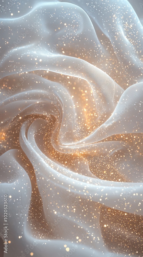 A swirling pattern of soft white fabric infused with shimmering particles creates an ethereal effect, perfect for backgrounds in design projects, invitations, or digital art, A swirling pattern of soft white fabric infused with shimmering particles creates an ethereal effect, perfect for backgrounds in design projects, invitations, or digital art,