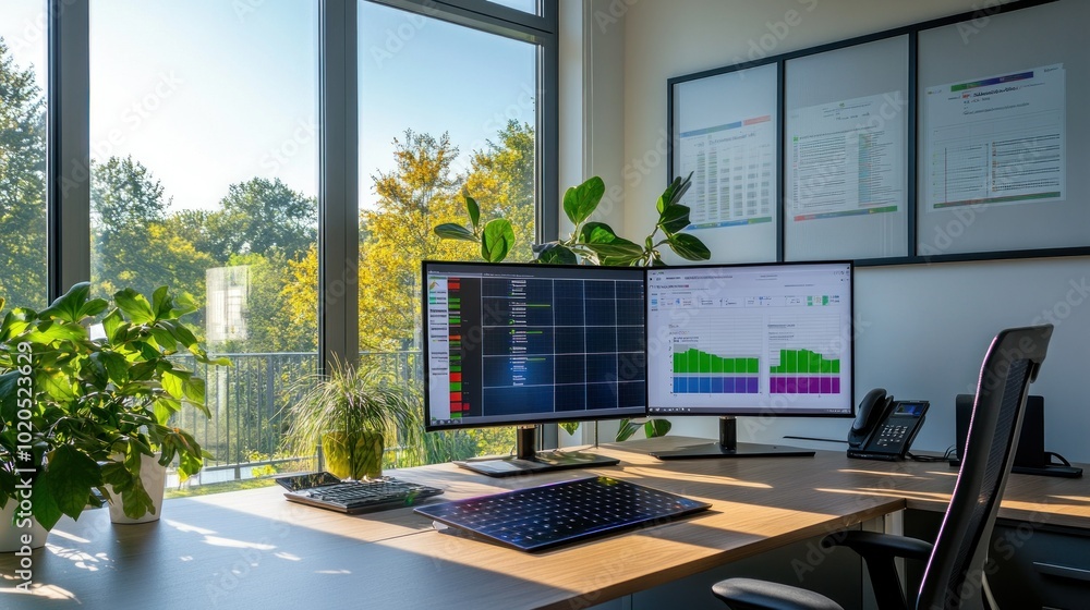 Fototapeta premium Modern office desk with two computer monitors displaying data and graphs