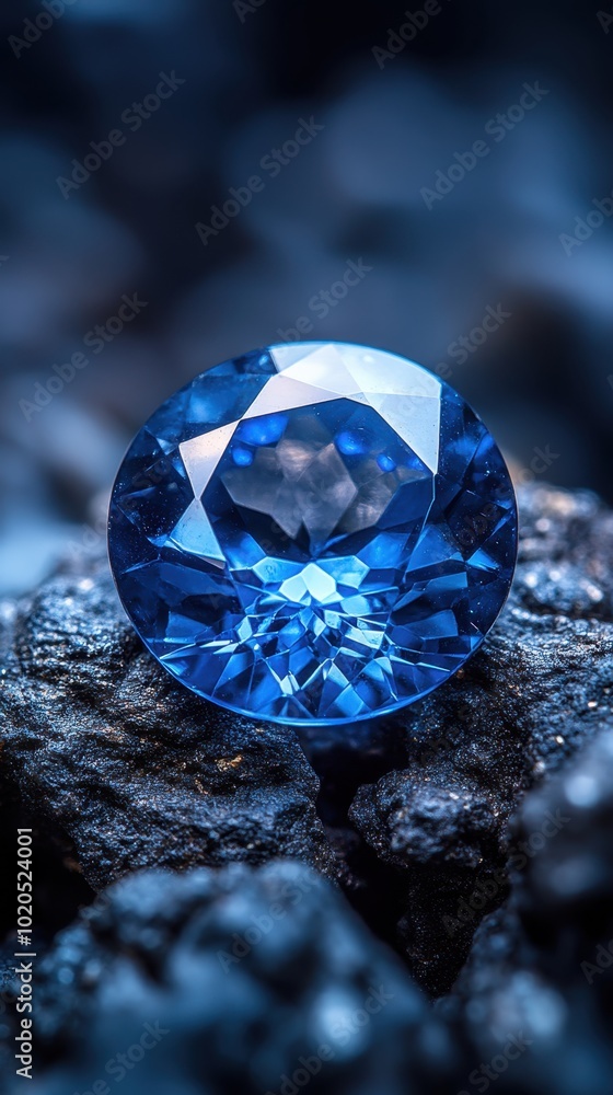 A close-up view of a sparkling blue gemstone resting on textured dark rocks, illustrating elegance and luxury, suitable for jewelry, beauty, or fashion marketing materials, A close-up view of a sparkling blue gemstone resting on textured dark rocks, illustrating elegance and luxury, suitable for jewelry, beauty, or fashion marketing materials,