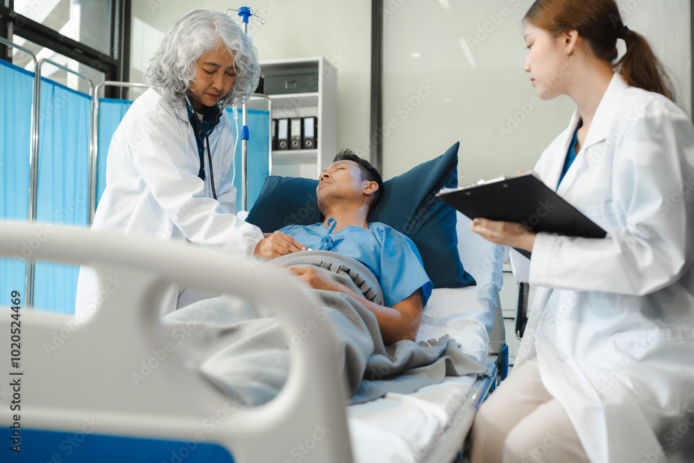 Doctor talking with man patient for monitoring and check up after surgery. doctor touching patient hand and consoling. Doctor talking with man patient for monitoring and check up after surgery. doctor touching patient hand and consoling.