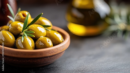 A rustic bowl filled with shiny green olives, elegantly highlighted by sprigs of rosemary, symbolizing freshness and elevated with natural culinary aesthetics. photo