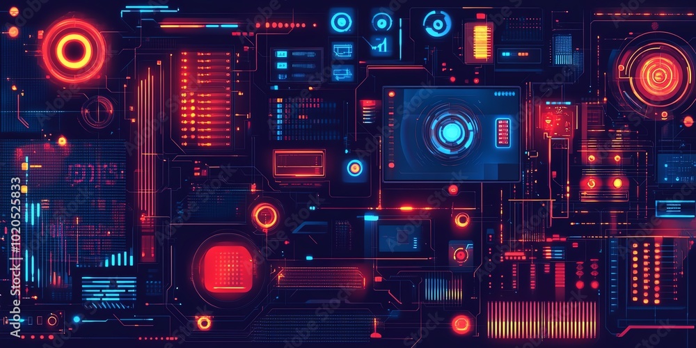 Circuitlike machine parts, 3D data grid, neon finance signals, flat design illustration Circuitlike machine parts, 3D data grid, neon finance signals, flat design illustration