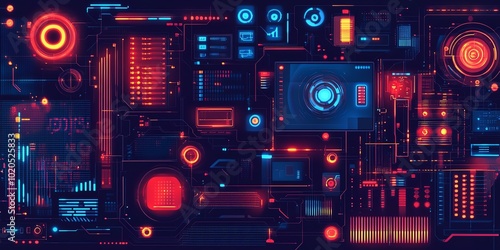 Circuitlike machine parts, 3D data grid, neon finance signals, flat design illustration