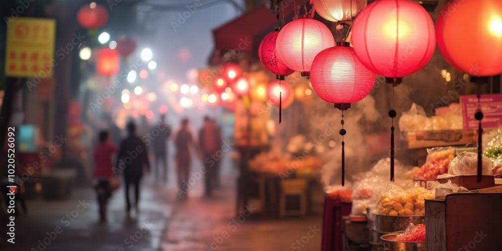 A bustling street market filled with vendors selling lanterns, traditional food, and festive decorations, with families shopping and children running around, enjoying the Lunar New Year atmosphere. A bustling street market filled with vendors selling lanterns, traditional food, and festive decorations, with families shopping and children running around, enjoying the Lunar New Year atmosphere.