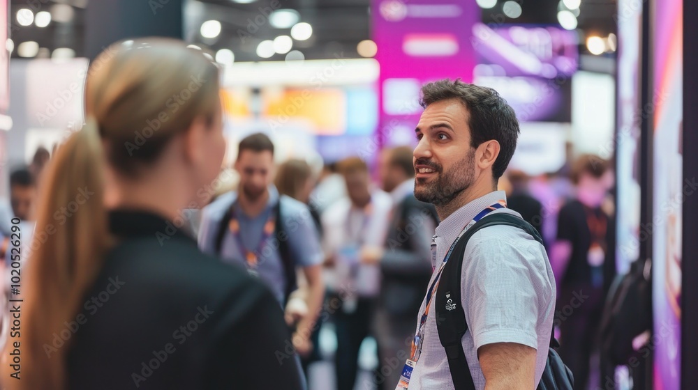 Man with Beard Smiling at a Woman in a Crowded Event Man with Beard Smiling at a Woman in a Crowded Event
