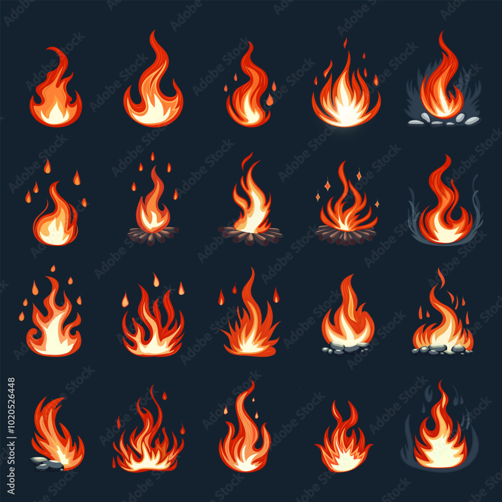 Collection of fire icons Different and bright icons of social networks with stones and firewood, smoke Collection of fire icons Different and bright icons of social networks with stones and firewood, smoke