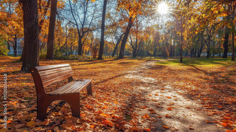Golden autumn leaves dancing in the sunlight under a bright blue sky in a tranquil forest clearing