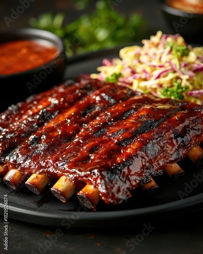 Grilled BBQ Ribs with Coleslaw and Sauce on Black Plate