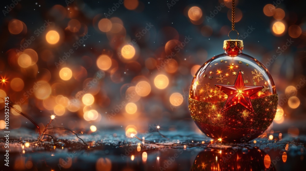 A single golden red ornament ball adorned with sparkling stars, suspended in mid-air against a minimalist background of soft, diffuse light, creating an ethereal and serene atmosphere. A single golden red ornament ball adorned with sparkling stars, suspended in mid-air against a minimalist background of soft, diffuse light, creating an ethereal and serene atmosphere.