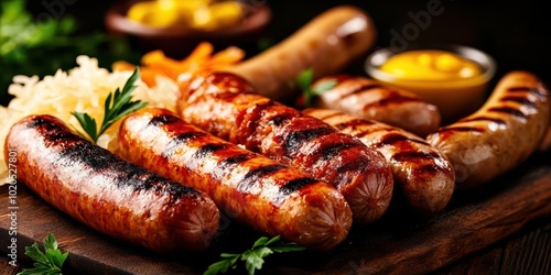 Grilled Sausages with Sauerkraut and Mustard on Wooden Board