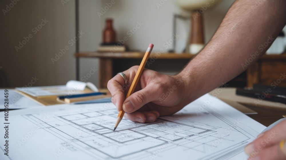 Architect Drawing with Pencil on Blueprint Paper Architect Drawing with Pencil on Blueprint Paper