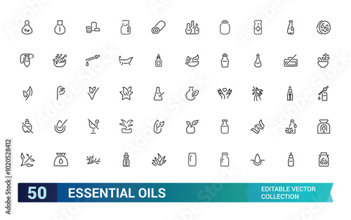 Essential oils icons set. Outline set of oils, olives and more, minimal thin line web icons collection. Editable stroke, Pixel perfect, vector illustration.