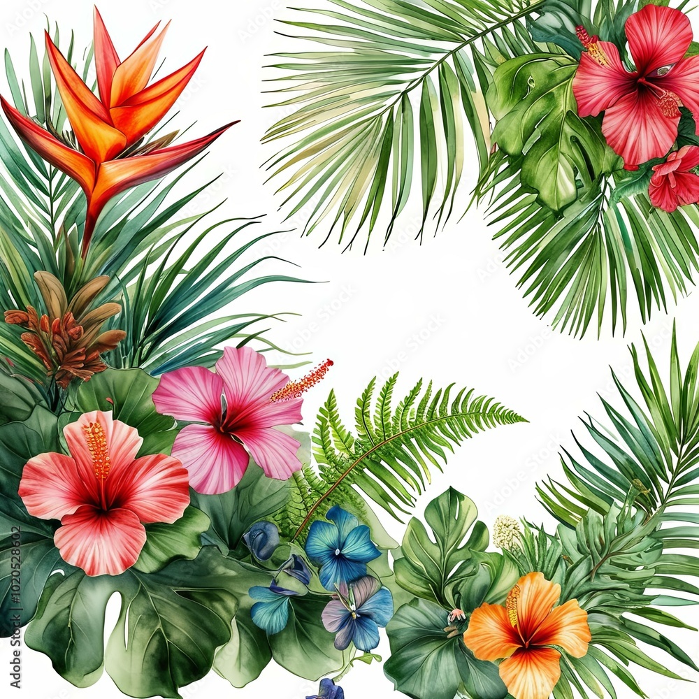 tropical leaves and flowers, hibiscus and others, fringing a white background in the corners, leaving a clean place in the center tropical leaves and flowers, hibiscus and others, fringing a white background in the corners, leaving a clean place in the center